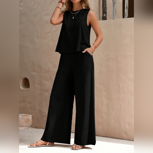 Pants - Solid Tank Top & Wide Leg Pants